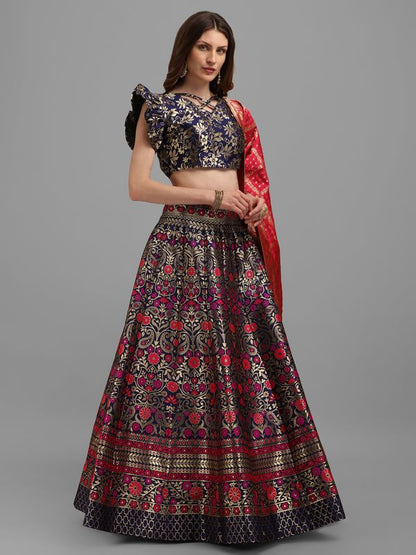 Women Blue Self Design Lehenga