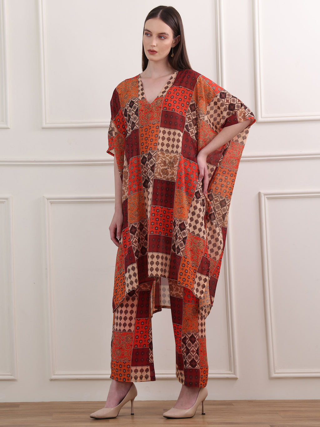 Women's Red Regular Sleeve V-neck Tunic & Palazzos Sets