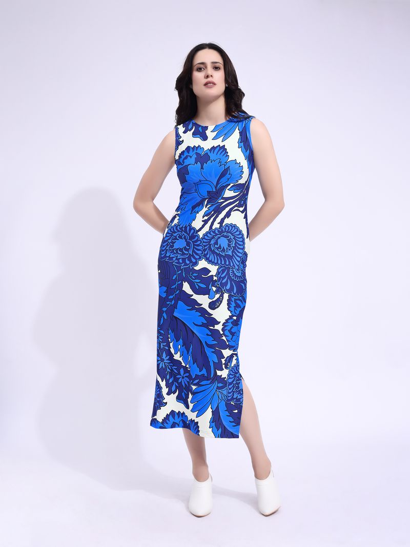 Women's Blue Bodycon Maxi Sleeveless Dress