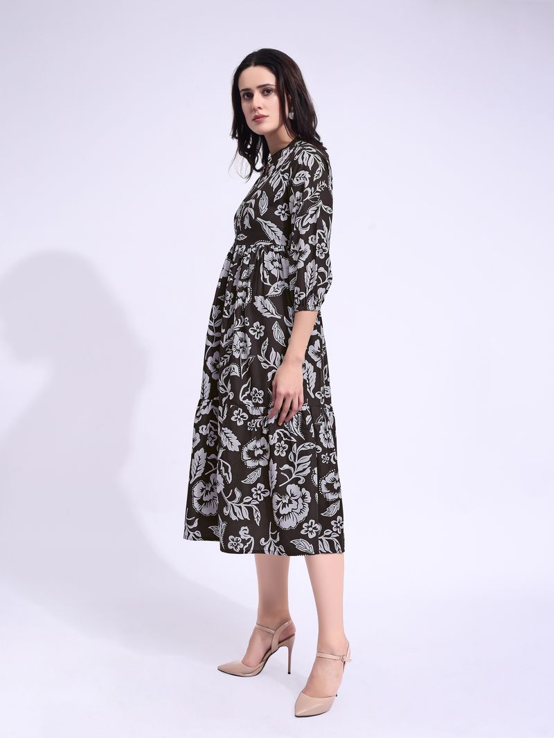 Women's Brown Fit & Flared Midi Puff Sleeve Dress