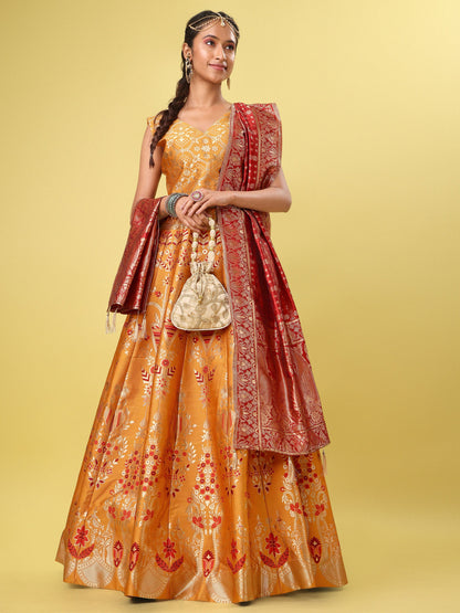 Women Yellow Floral Print Lehenga