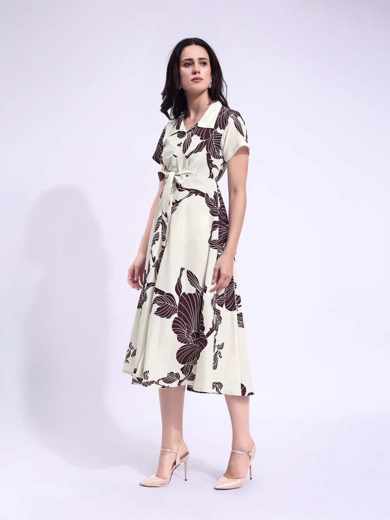 Women's Off White Fit & Flared Stylish Sleeve Dress