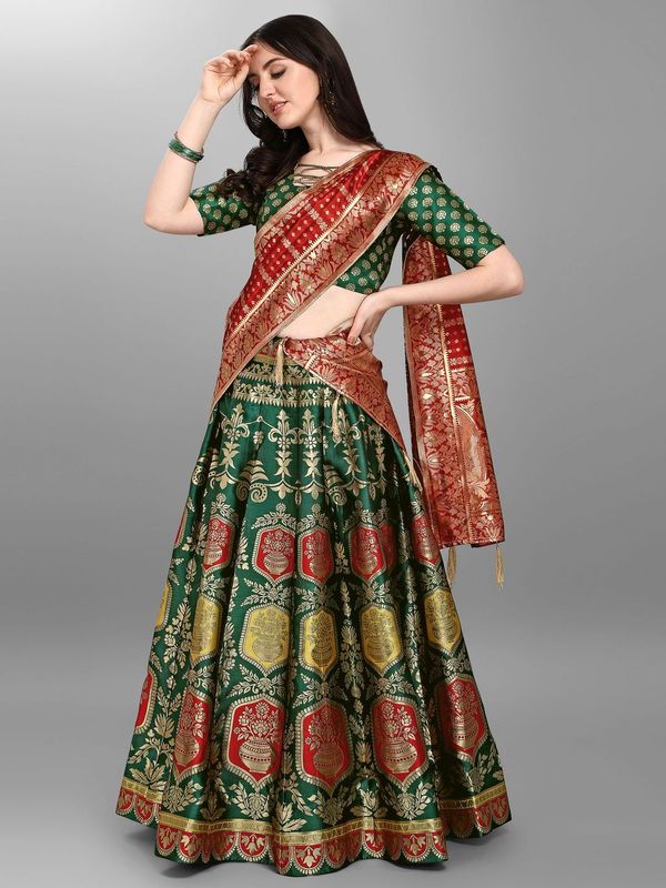 Embellished Woven Kalidar Dark Green Lehenga Choli