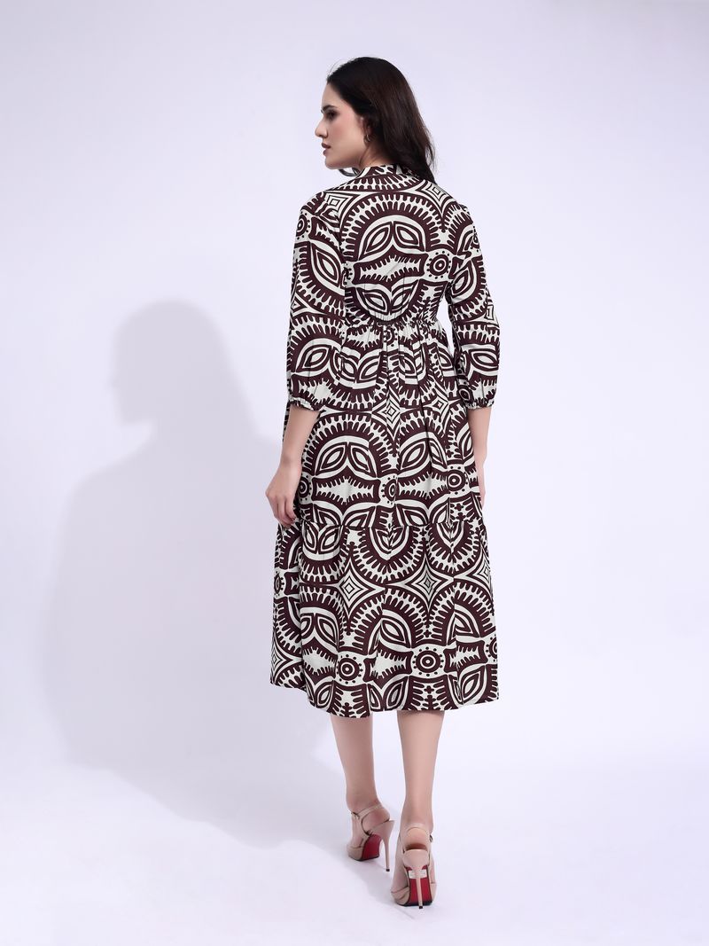 Women's Beige Fit & Flared Midi Puff Sleeve Dress