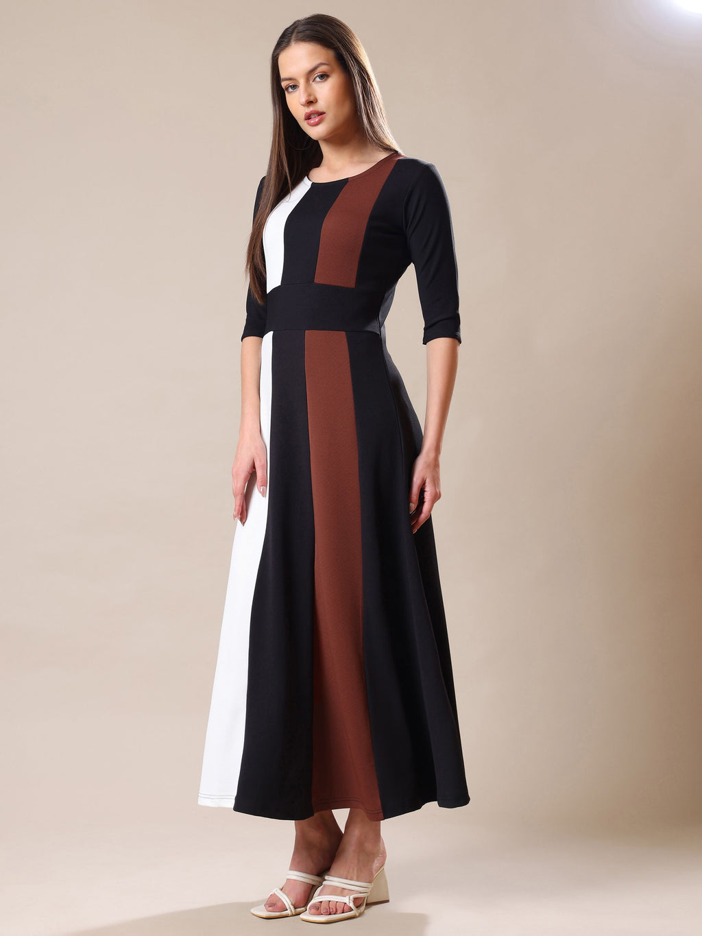 Women's Ankle Length Round Neck Brown Dress