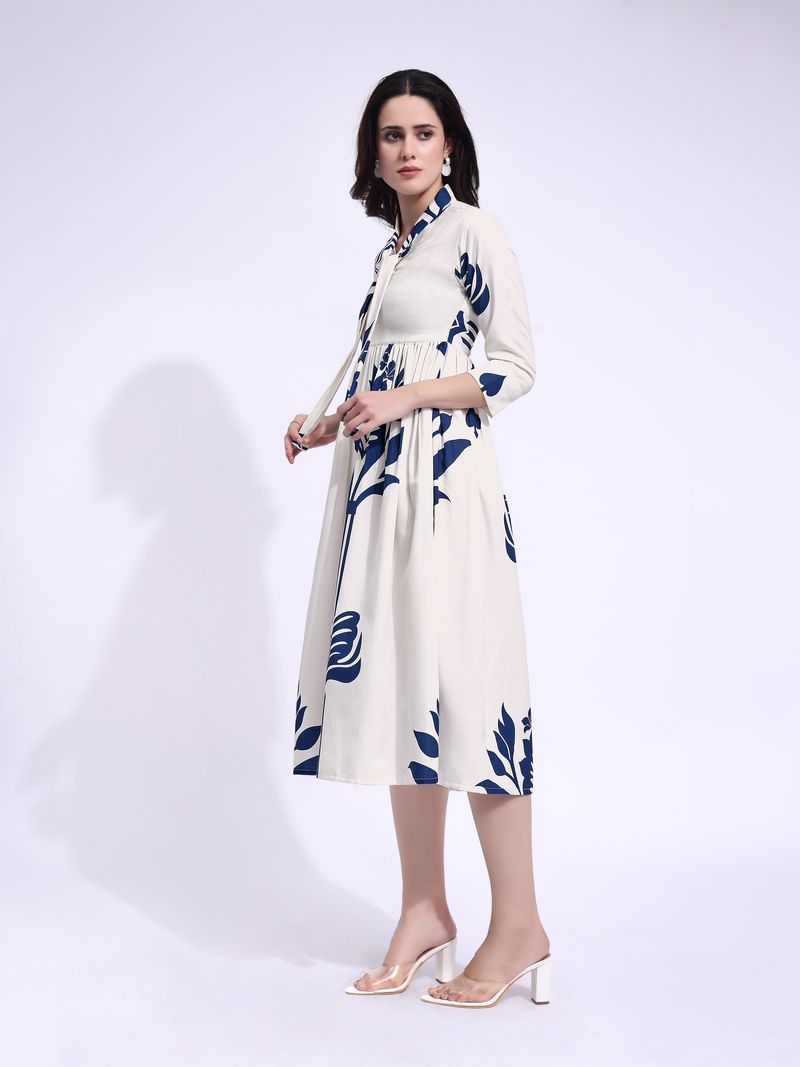 Women's Off White Fit & Flared Midi Regular Sleevee Dress