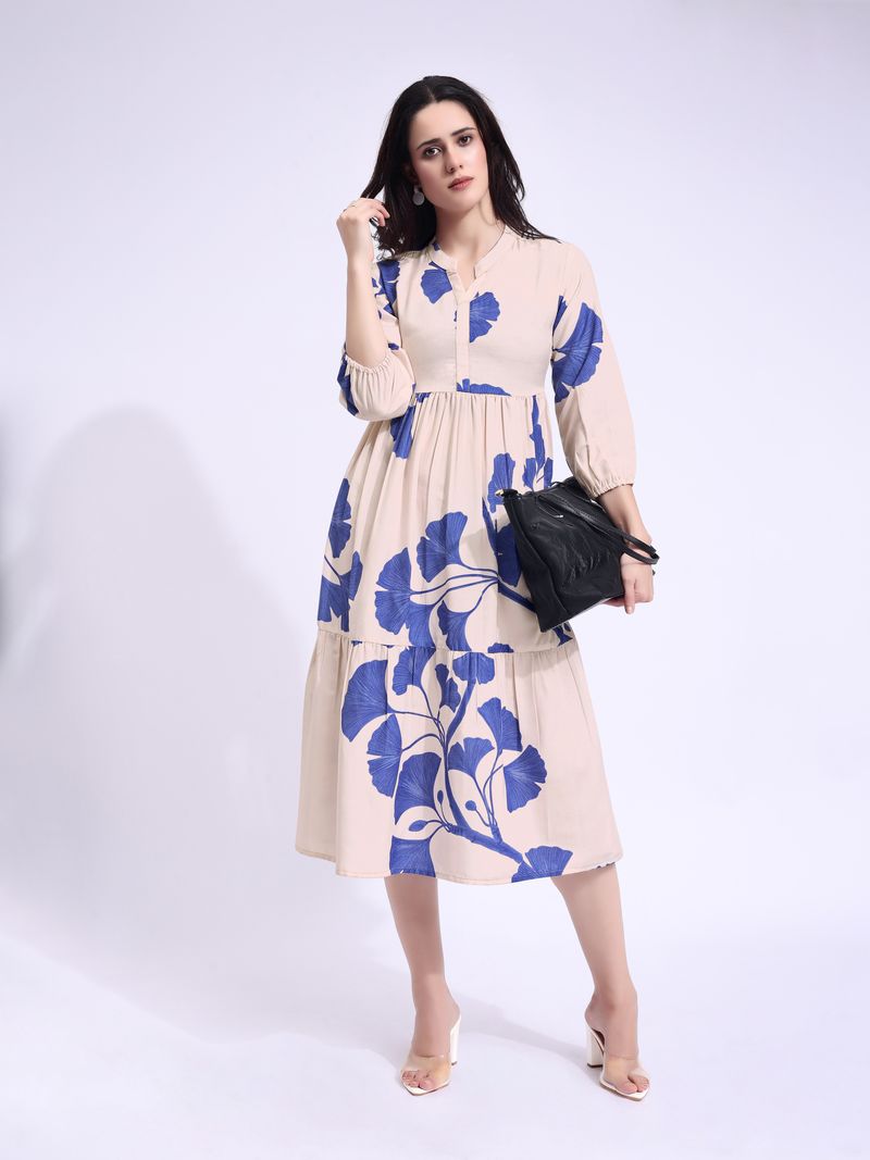 Women's Off White Fit & Flared Midi Puff Sleeve Dress