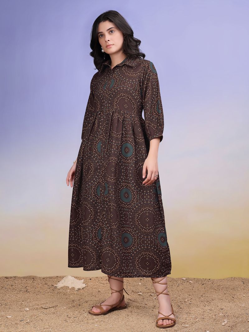 Women's Brown Fit & Flared Shirt Collar Dress