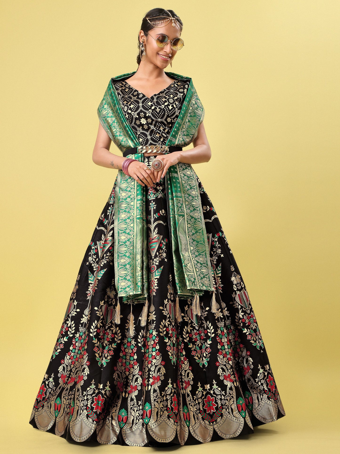 Women Black Floral Print Lehenga