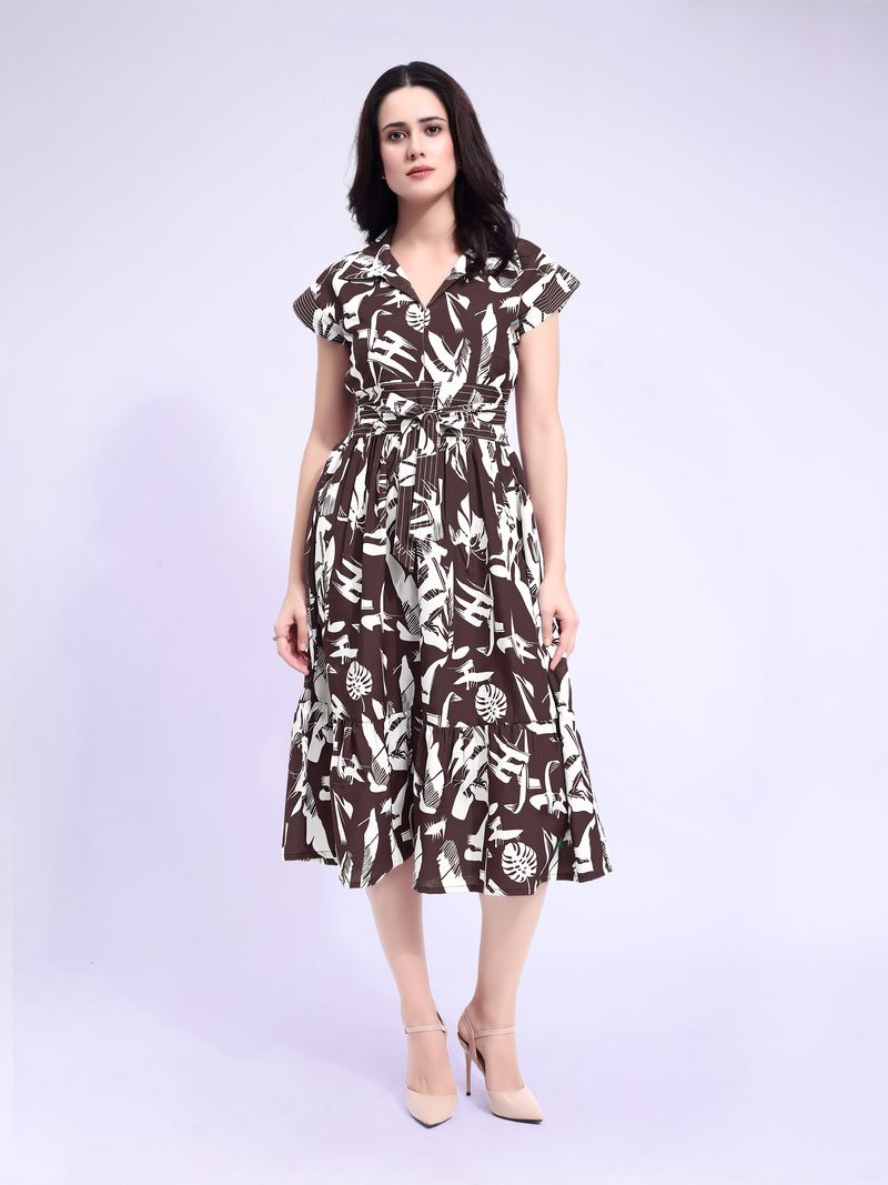 Women's Brown Fit & Flared Midi Cap Sleeve Dress