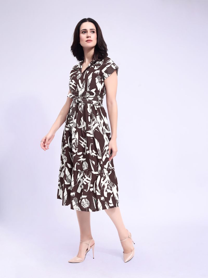 Women's Brown Fit & Flared Midi Cap Sleeve Dress