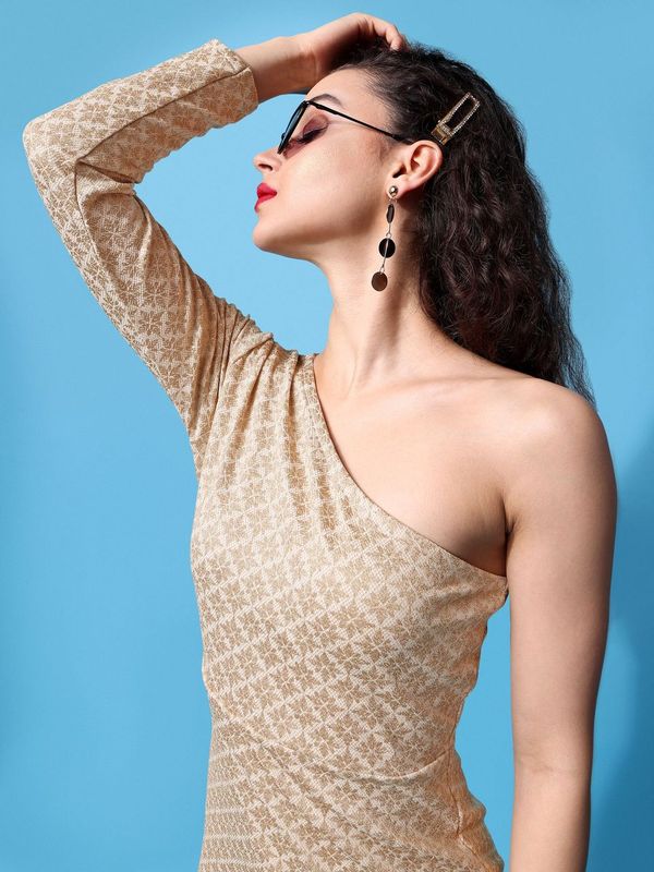 Knitted One Shoulder Gold Dress