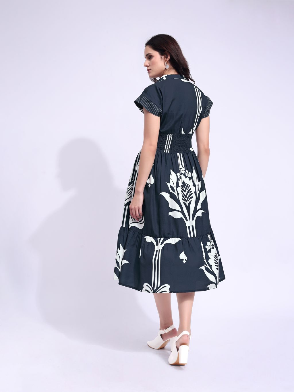 Women's Navy Blue Fit & Flared Midi Cap Sleeve Dress