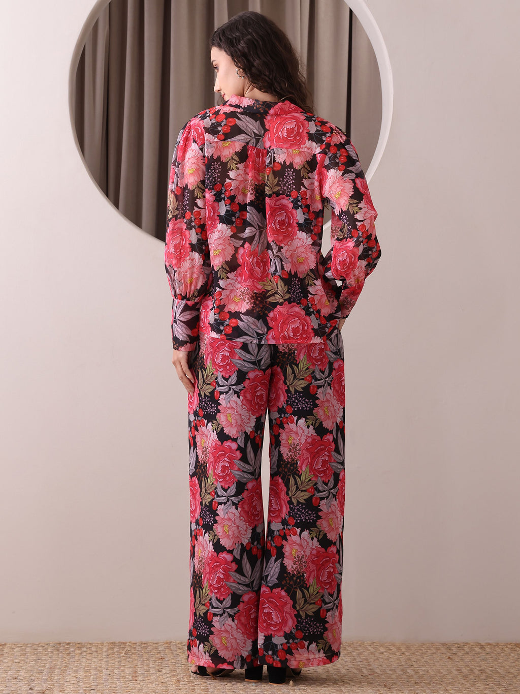 Women's Red Full Sleeve Collar Neck Shirt Top & Trousers Sets