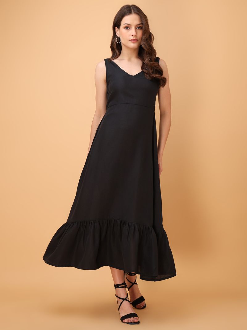 Women's V-Neck Midi A-Line Sleeveless Black Dress