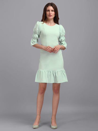 Tea-Green Puff Sleeve Bodycon Dress