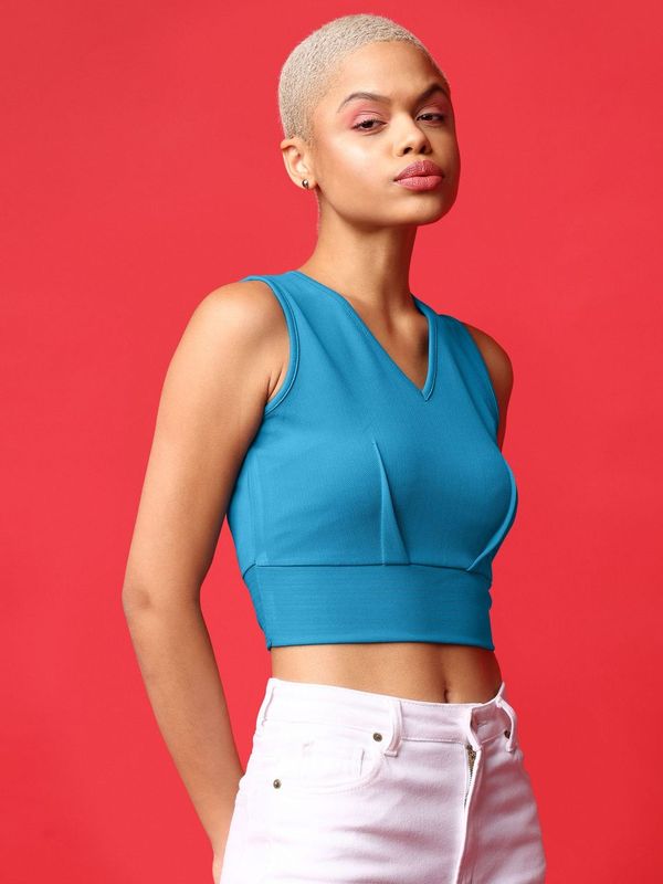 Blue V Neck Waistband Top