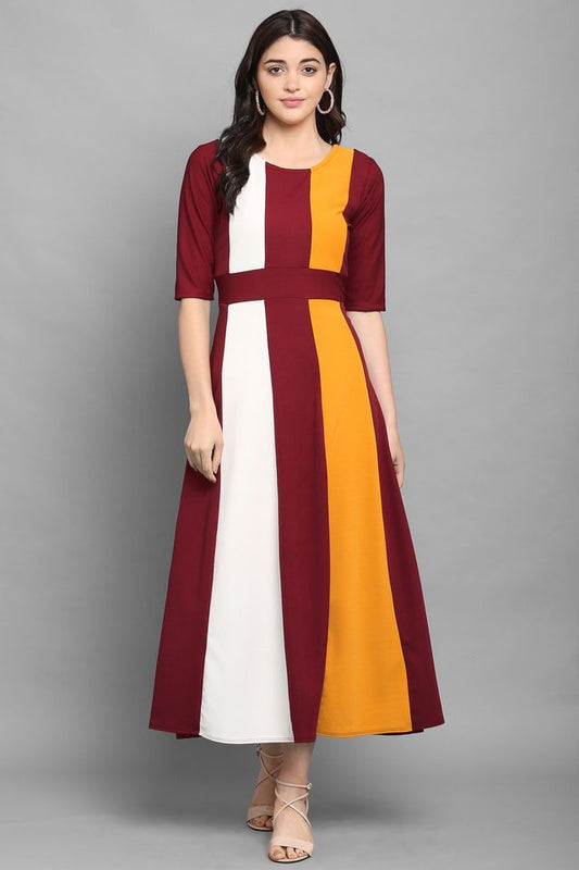 Women Yellow & Maroon Fit & Flare dress