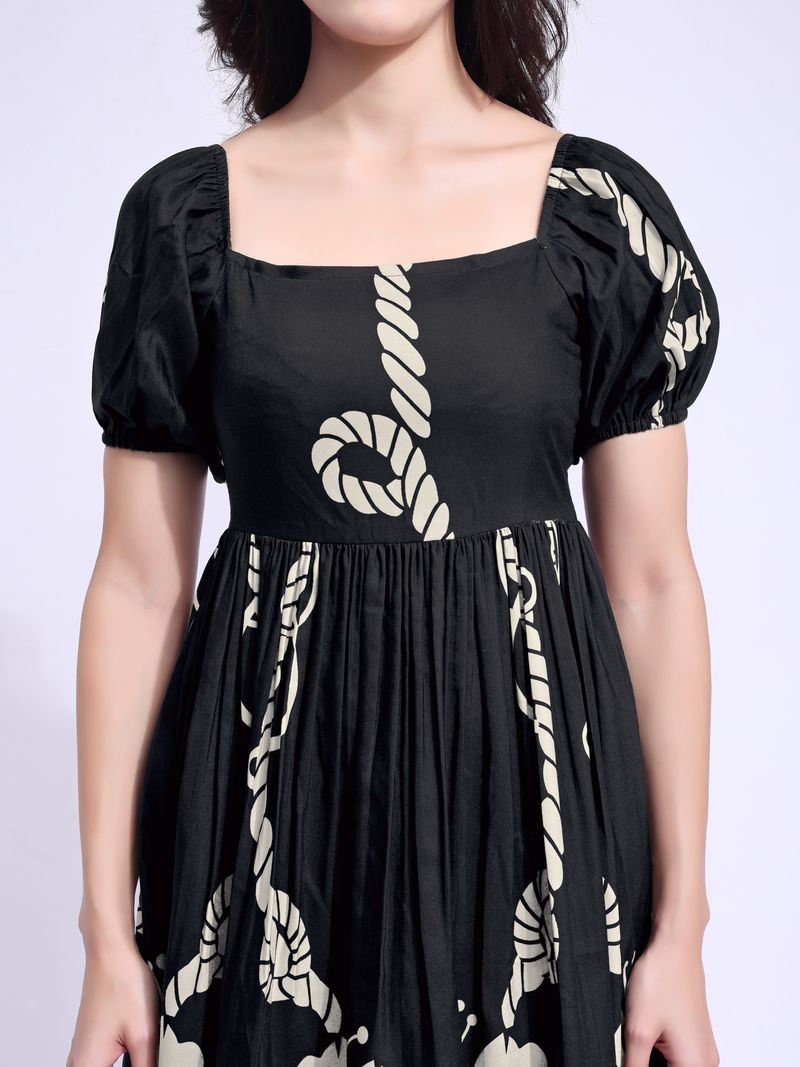Puff Sleeve Midi Length Printed Dress