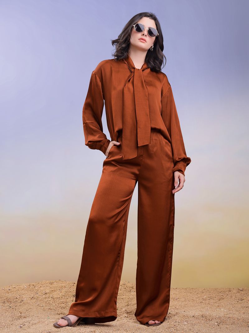 Women's Brown Solid Silk Blend Tie-Up Stylized Co-Ords