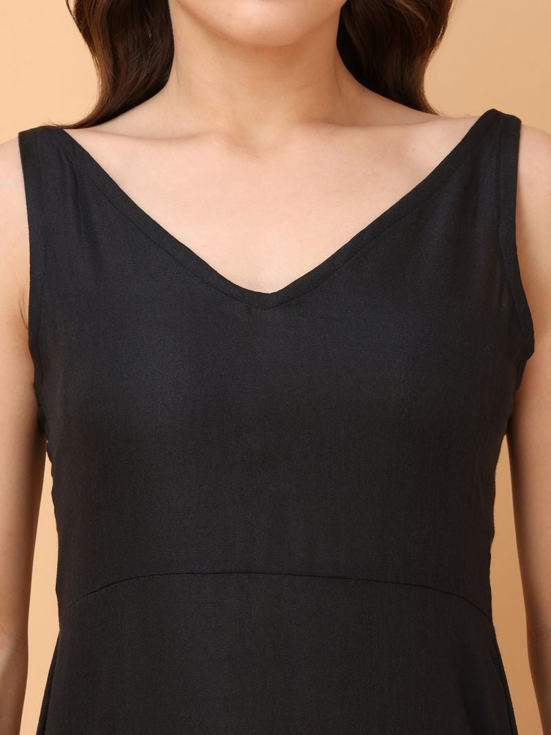 Women's V-Neck Midi A-Line Sleeveless Black Dress