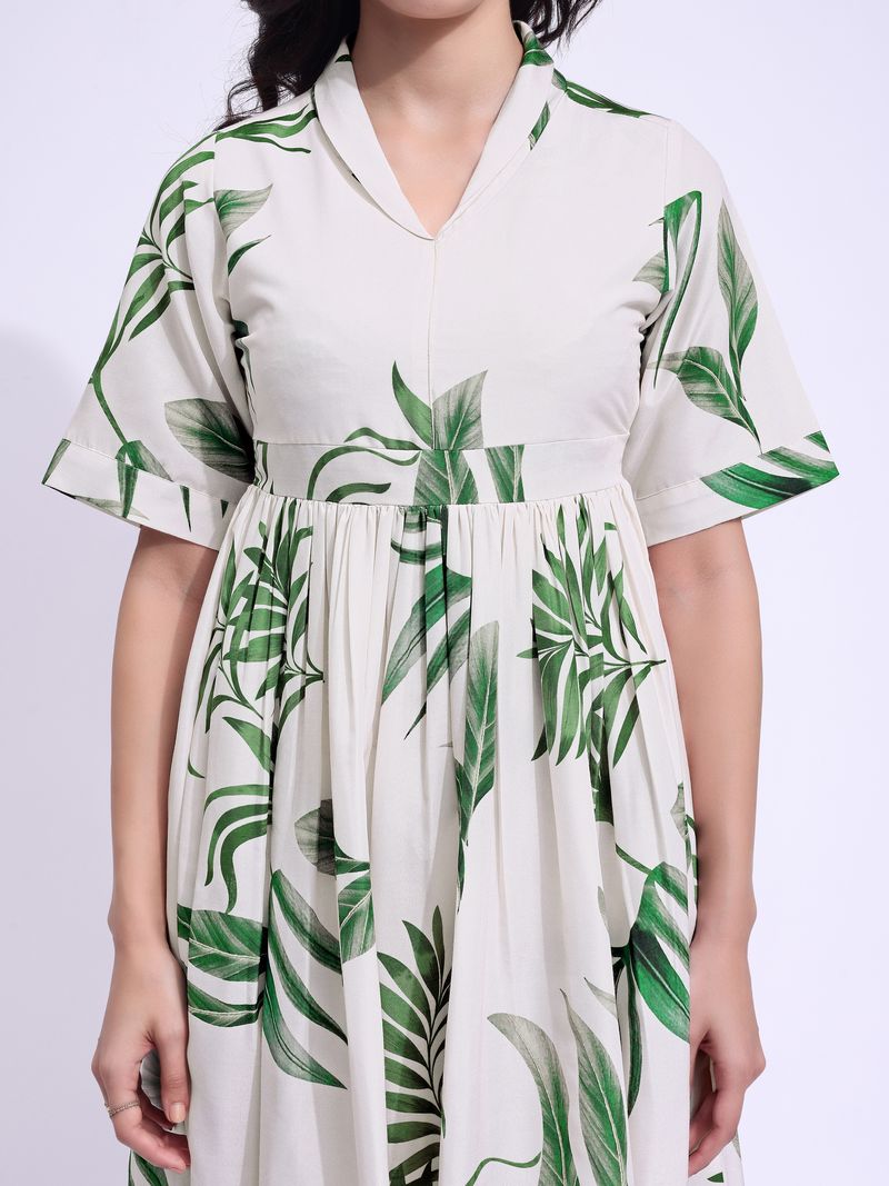 Women's Off White Fit & Flared Midi Stylish Sleeve Dress