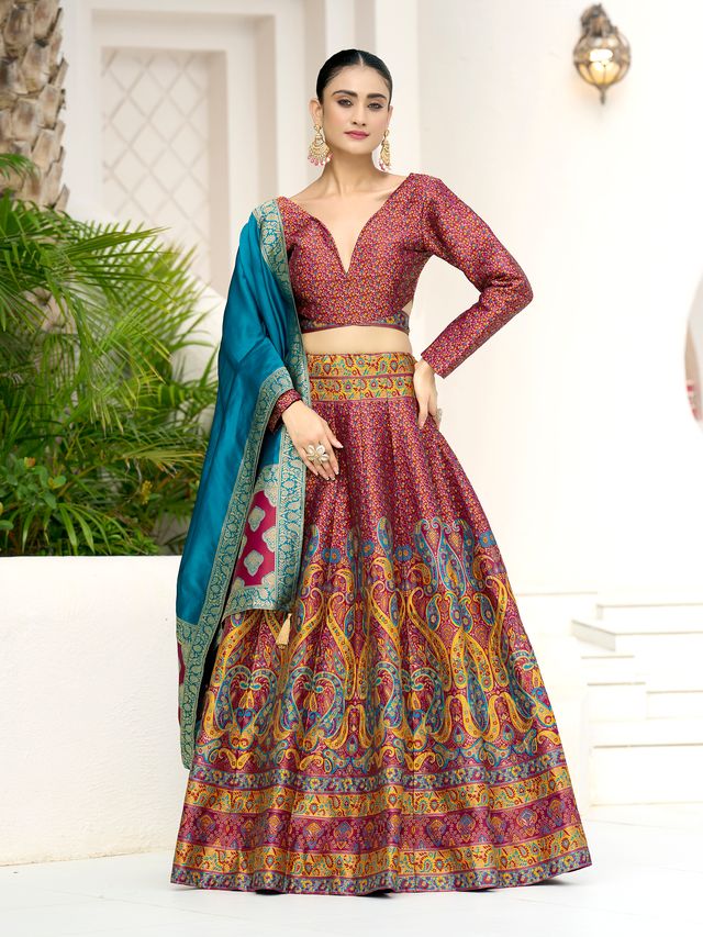 Women's Cherry Kanjiwaram Lehengas