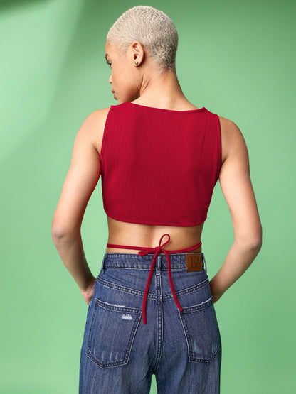 Women Red Waist Tie-Up Top