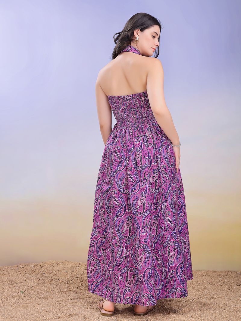 Women's Printed Fit and Flare Maxi Purple Dress
