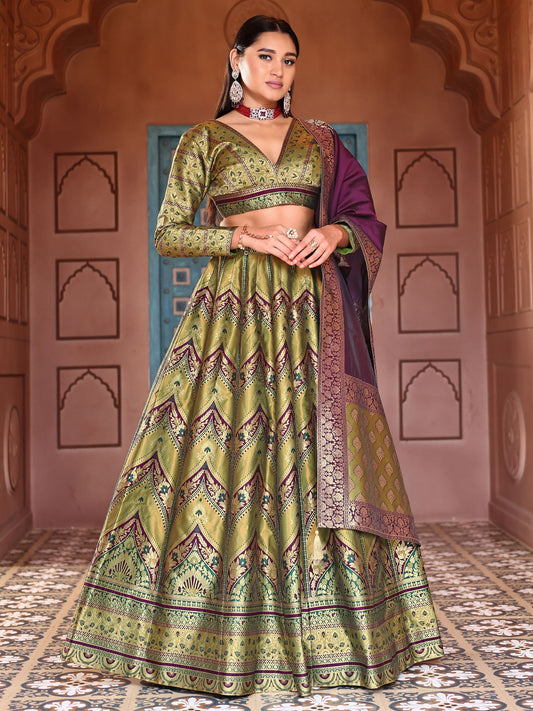 Double-Shaded Mehndi Lehenga Choli With Zari Woven Motifs