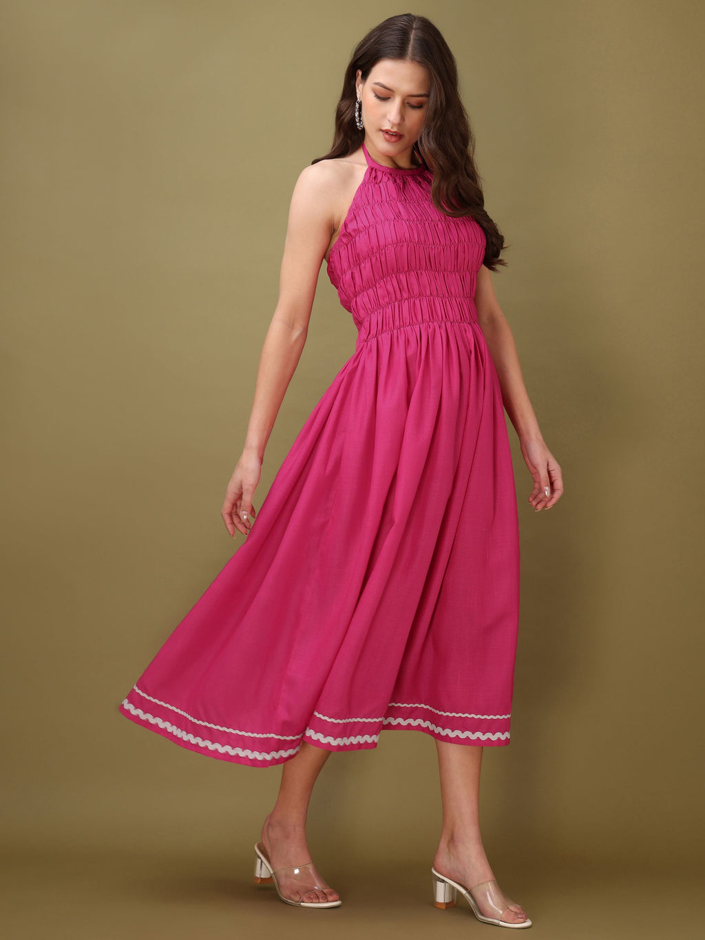 Women Fit & Flare Ruched Pink Dress