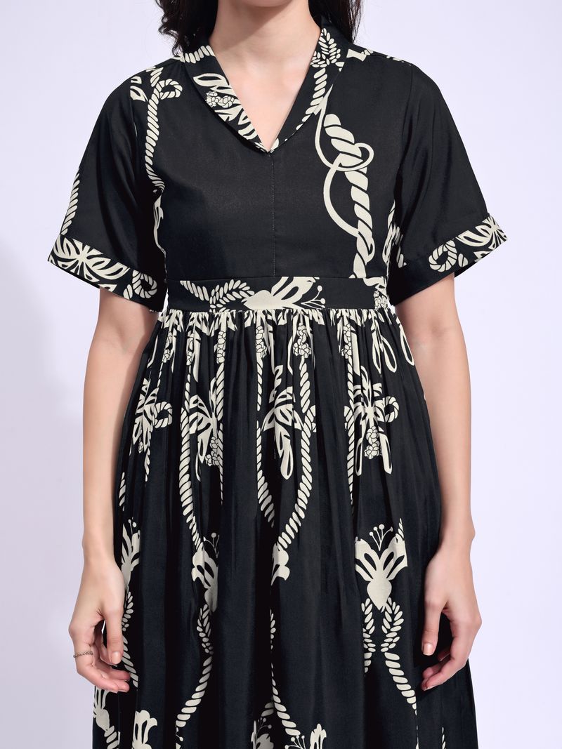 Women's Black Fit & Flared Midi Stylish Sleeve Dress