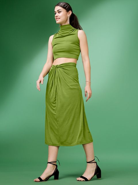 Women Olive Bodycon Ruched Co-ords