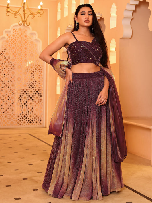 Crushed Silk Wine Lehenga Choli with Sequined Embroidery