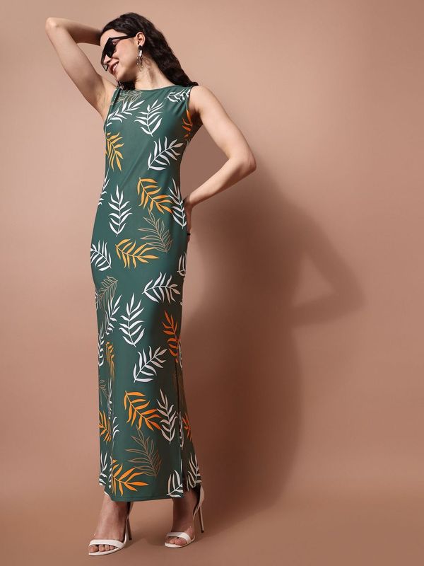 Women Green Leaf print dress