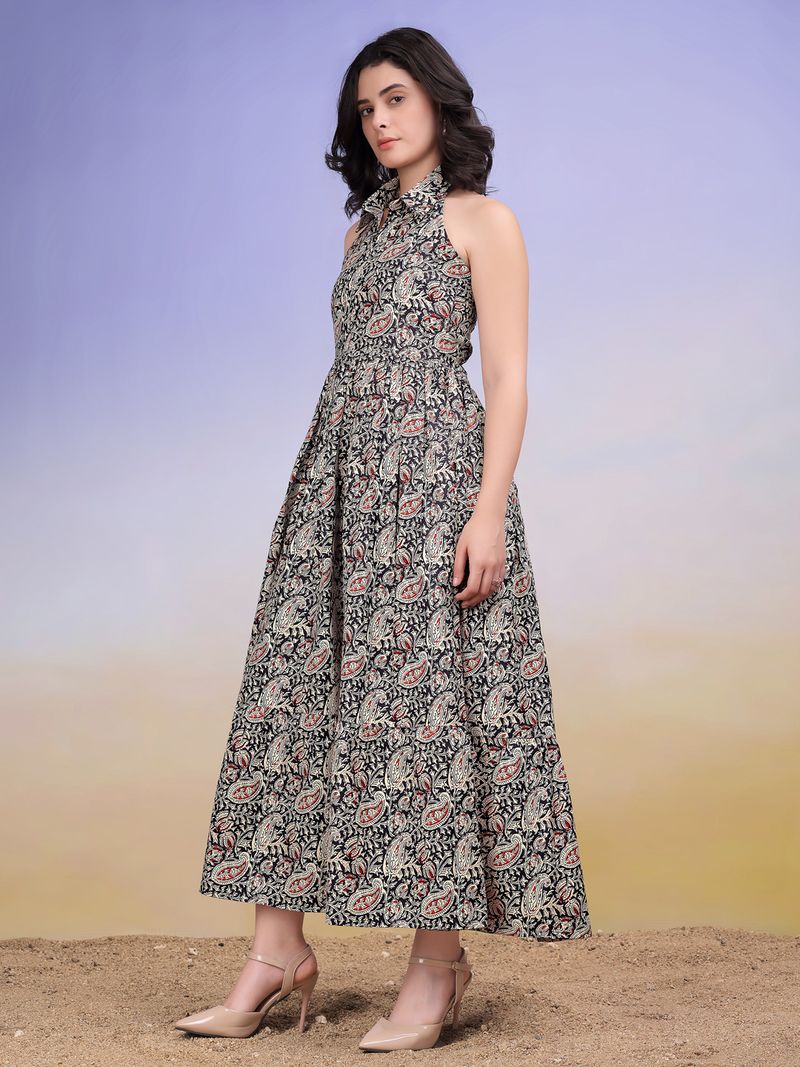 Women's Printed Fit and Flare Maxi Black Dress