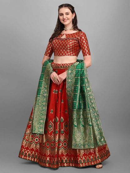 Embellished Floral Woven Red Lehenga Choli