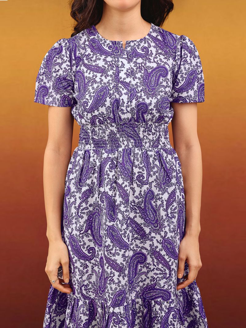 Women's Purple Printed Fit & Flared Short Sleeve Dress