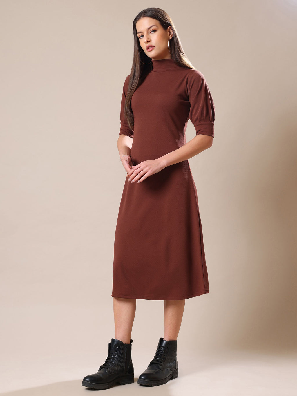 Women's A-Line Elbow Sleeve Brown Dress