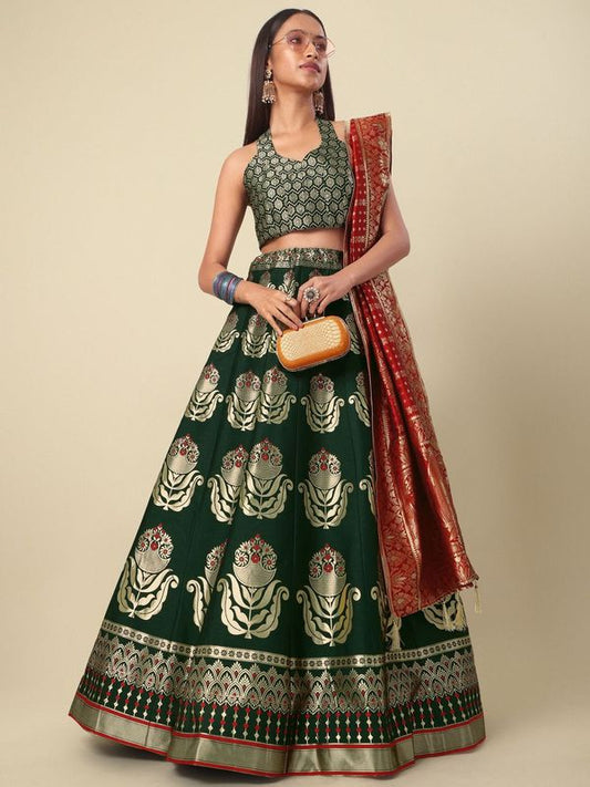 Classic Traditional Wear Dark Green Lehenga Choli