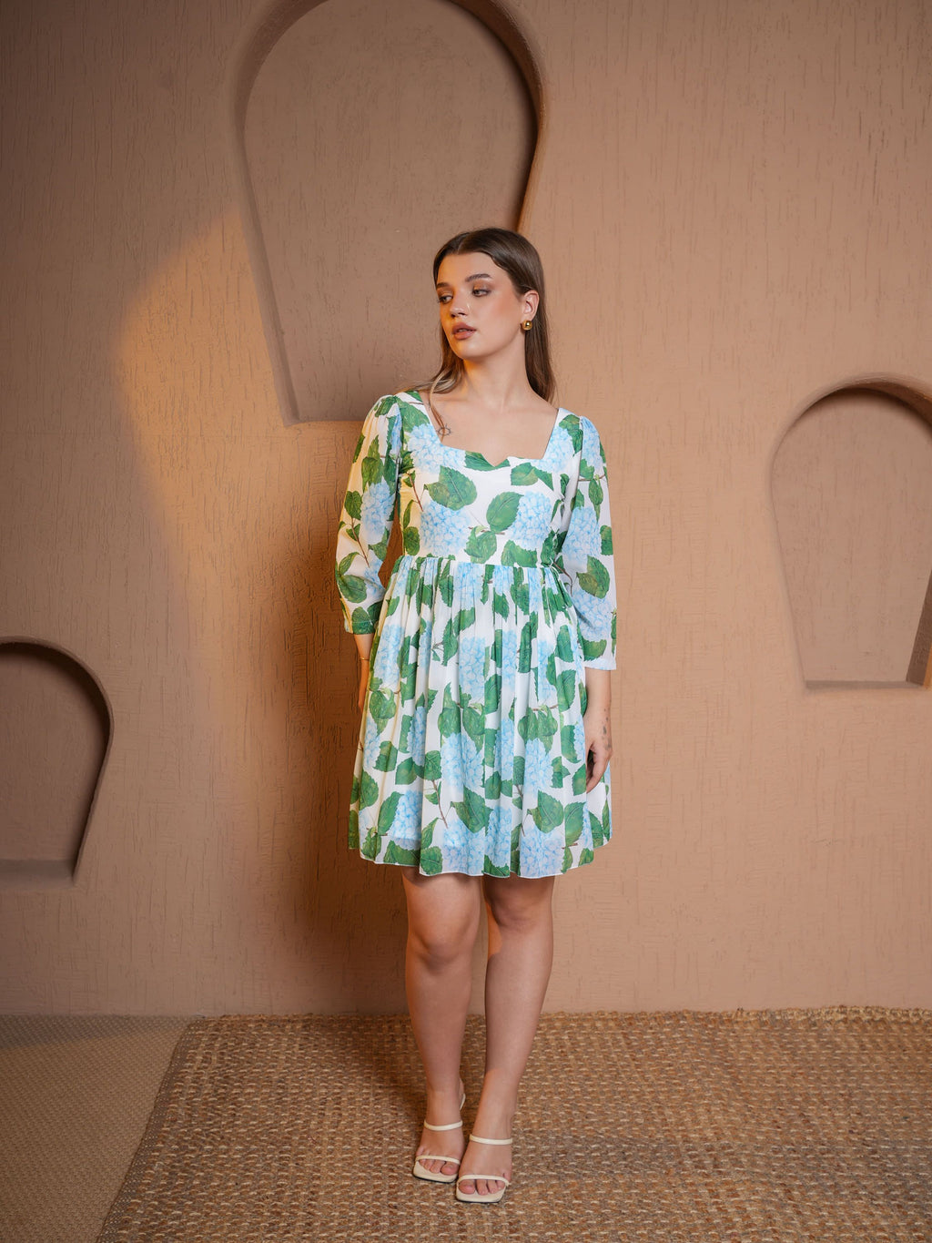 Women Green Mini Puff Sleeve Dress