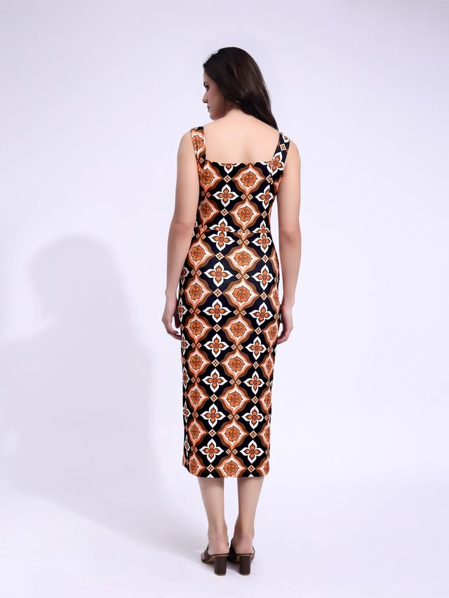 Women's Black Printed Midi Sleeveless Dress