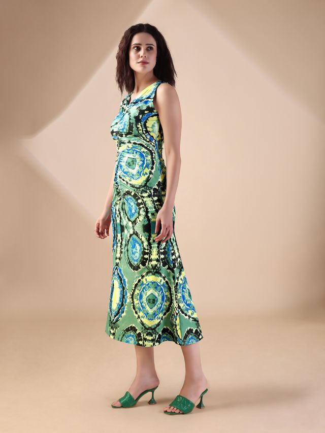 Women's Green Printed Maxi Sleeveless Dress