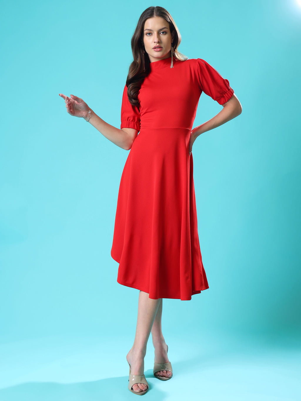 Women's Knee Length Flared Red Dress