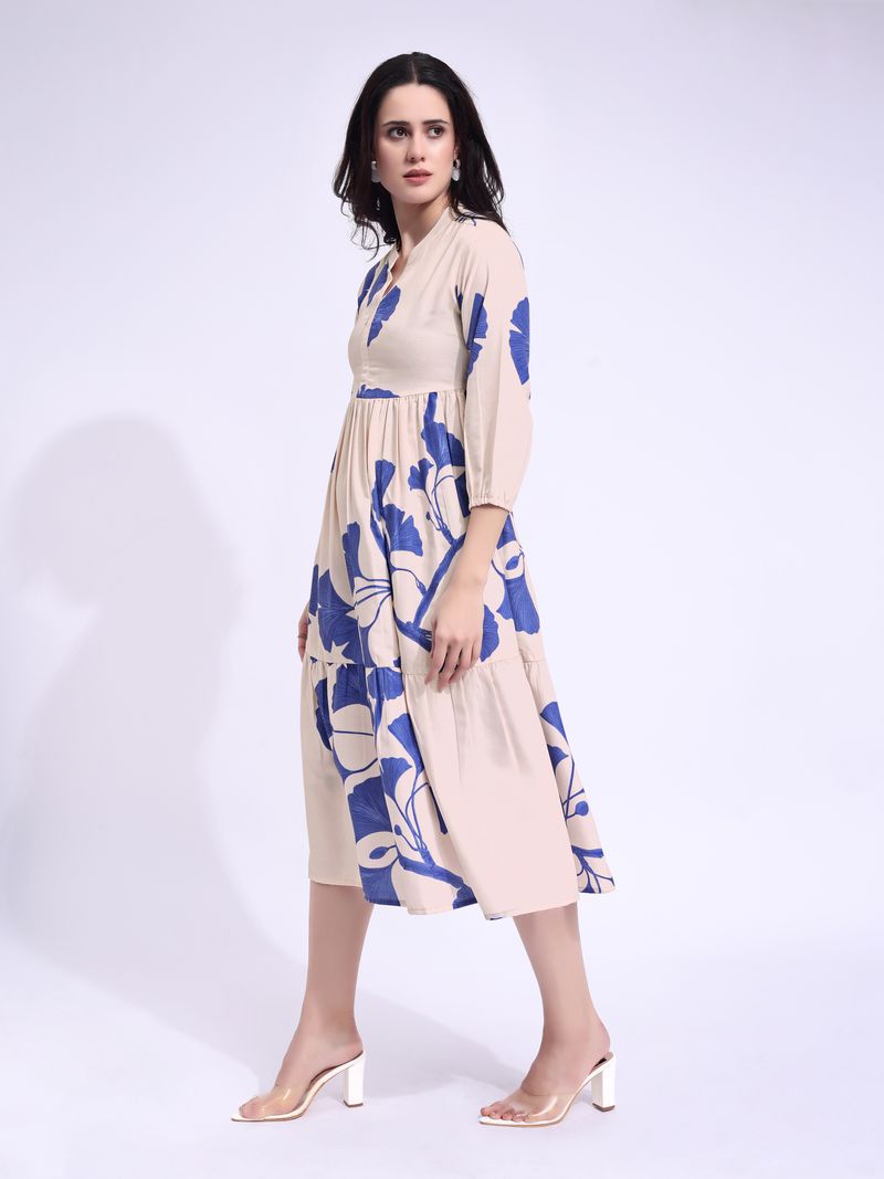 Women's Off White Fit & Flared Midi Puff Sleeve Dress