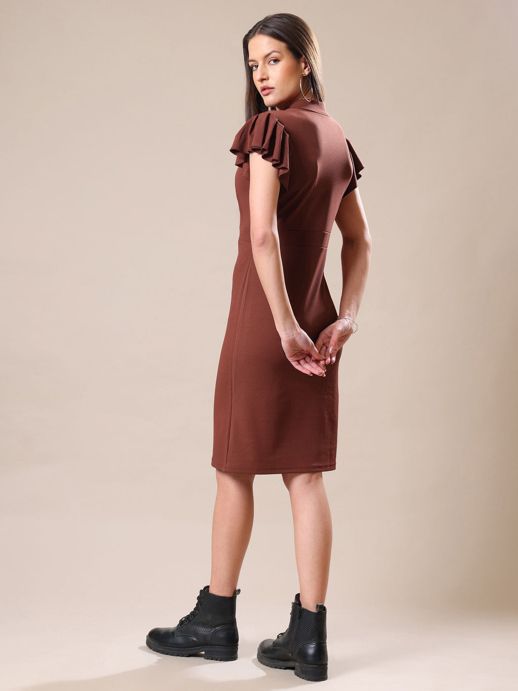 Women's Mini Length Flared Sleeve Brown Dress