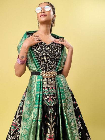 Women Black Floral Print Lehenga