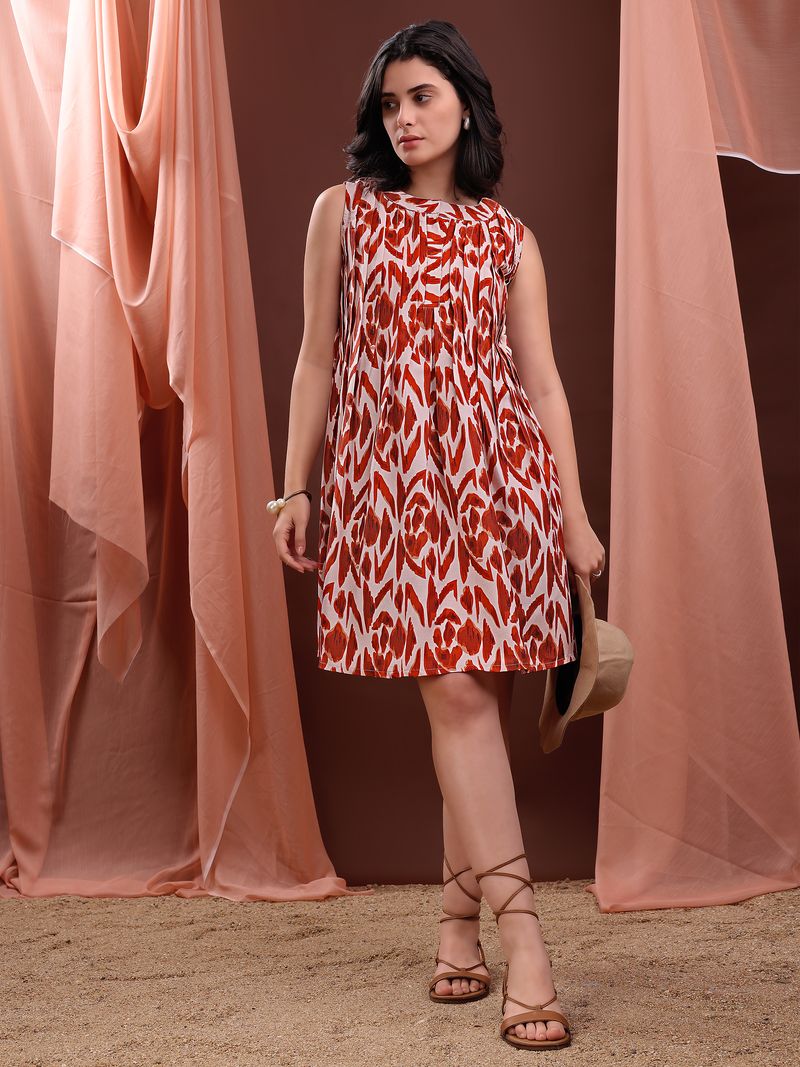 Women's Beige Printed A-Line Sleeveless Dress
