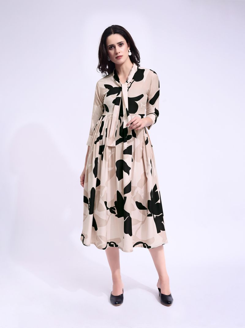 Women's Beige Fit & Flared Midi Regular Sleevee Dress