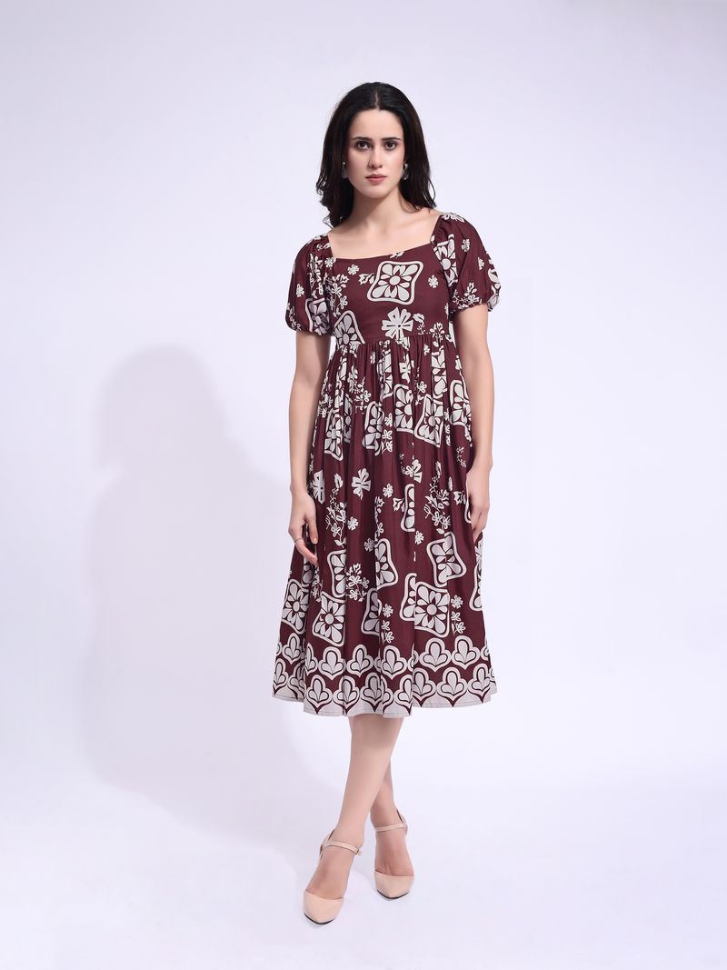 Women's Maroon Midi Short Sleeve Dress
